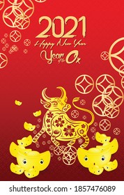 Chinese new year 2021 year of the ox, red paper cut ox character, Gold coin and gold ingots asian elements with craft style on background