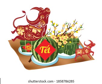 Chinese new year 2021 year of the ox, cooked square glutinous rice cake and blossom, Vietnamese new year. Translation Tết  Lunar new year