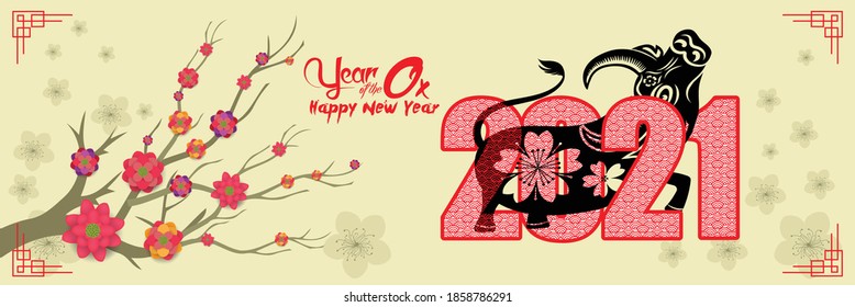 Chinese new year 2021 year of the ox banner design, Blossom background, Vietnamese new year. Translation Tết Lunar new year