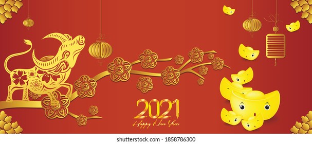 Chinese new year 2021 year of the ox, red and gold ingots cut ox character,flower and asian elements with craft style on background