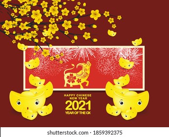 Chinese new year 2021 year of the ox banner design, gold ingots cut ox character, cherry blossom, lunar new year