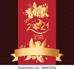 Chinese new year 2021 year of the ox , gold floral cut ox character, asian elements with craft style on background