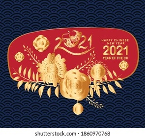 Chinese new year 2021 year of the ox , gold floral cut ox character, florals wreath and asian elements with craft style on background