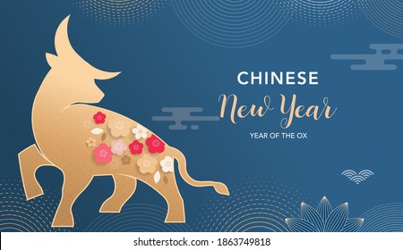 Año nuevo chino 2021 año del buey, vaca roja, símbolo chino de zodiaco. Fondo vectorial con decoración oriental tradicional