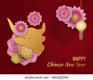 Chinese new year 2021 year of the ox. Happy lunar new year banner with golden ox and lantern and colorful flower ornaments on red background