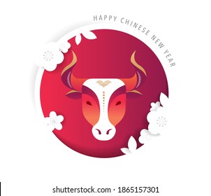 Chinese new year 2021 year of the ox, red cow, Chinese zodiac symbol. Vector background with traditional oriental decorations