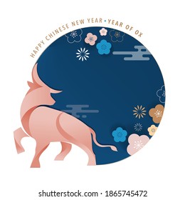 Año nuevo chino 2021 año del buey, símbolo chino de zodiaco, traducción al inglés - texto chino dice "Feliz año nuevo chino 2021, año del buey"