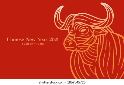 Chinese new year 2021 year of the ox , red and gold vector illustration isolated on red background
