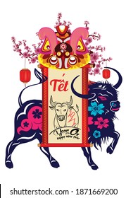 Chinese new year 2021 of the ox ,lanterns,flower and asian elements with craft style on background Translation: Tết Lunar new year (Chinese translation Happy chinese new year 2021, year of ox)