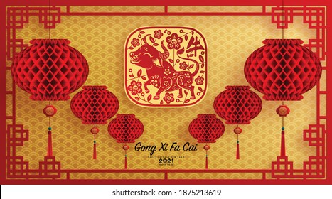 Chinese new year 2021 year of the ox , red paper cut ox character,flower and asian elements with craft style on background.(Chinese translation : Happy chinese new year 2021, year of ox)