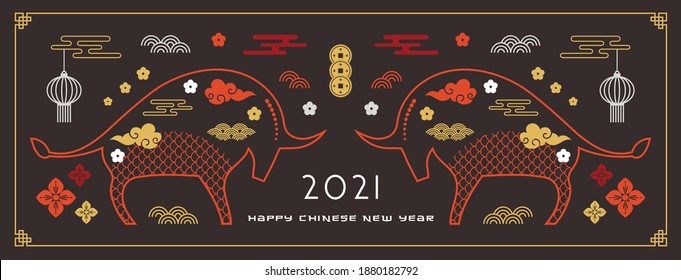 Chinese new year 2021, year of the ox. Chinese zodiac symbol. happy Chinese new year banner and greeting card with traditional ornament and oriental background. Translation Happy New Year