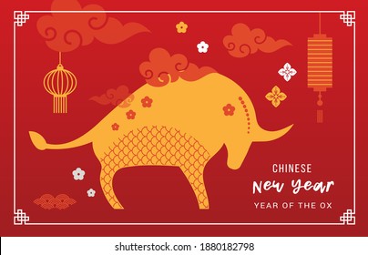 Chinese new year 2021, year of the ox. Chinese zodiac symbol. happy Chinese new year banner and greeting. vector illustration