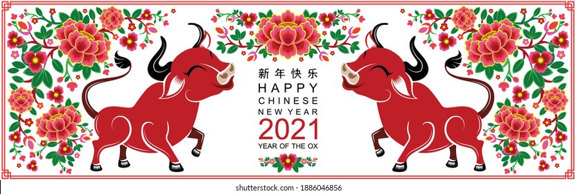 Chinese new year 2021 year of the ox , red paper cut ox character,flower and asian elements with craft style on background.(Chinese translation : Happy chinese new year 2021, year of ox)