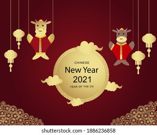Chinese new year 2021 year of the ox , red and gold lanterns,flower and asian elements with craft style on background. (Chinese translation : Happy chinese new year 2021, year of ox)