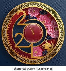 Chinese new year 2021 year of the ox , red paper cut ox character,flower and asian elements with craft style on background.(Chinese translation : Happy chinese new year 2021, year of ox)