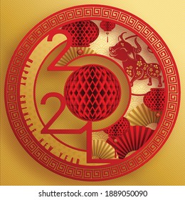 Chinese new year 2021 year of the ox , red paper cut ox character,flower and asian elements with craft style on background.(Chinese translation : Happy chinese new year 2021, year of ox)