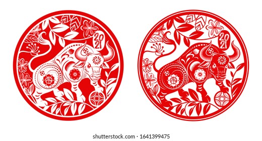 Chinese new year 2021 year of the ox,Red paper cut chinese Ox cow zodiac and flower in Rounded circle frame and china word mean ox 