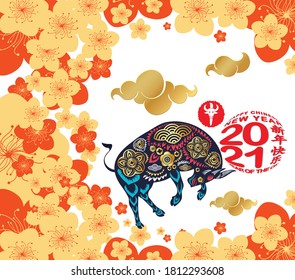 Chinese New Year 2021. Plum blossom, year of the Ox (Chinese translation Happy Chinese New Year, Year of Ox)
