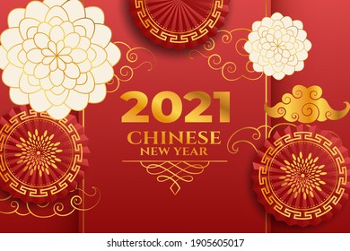 Chinese New Year 2021, red, gold and white New Year theme background. with flowers and paper fan.