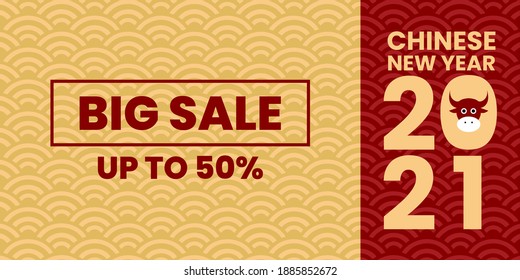 Chinese new year 2021 sale banner template, gold background. Big sale up to 50%. New year sale.