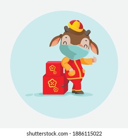 Chinese new year 2021 sales. Delivery concept. Cartoon character cow mask for the year of the ox. Standing and smiling. Excellent hand made. Like and thumbs up.