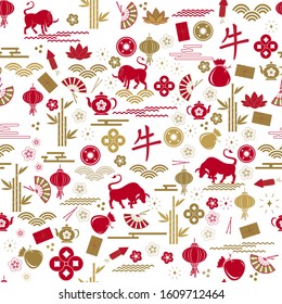 Chinese new year 2021 seamless pattern. Chinese translation bull