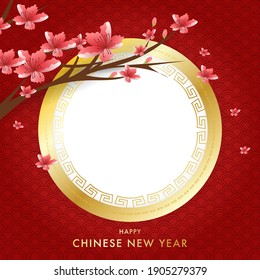 Chinese new year 2021 Template with blossom flowers background ,flower and asian elements with craft style on red background , illustrations EPS10