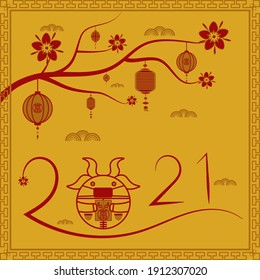 Chinese New Year 2021 traditional gold greeting card illustration with traditional asian decoration Ox,lantern and wish word in gold color. Ox, zodiac