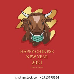 Chinese new year 2021 vector with ox wearing a face mask