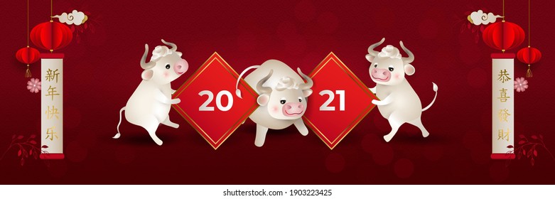 Chinese New Year 2021. White oxes. Three bulls holding a sign 2021. Lanterns, flowers, red background. For invitations, poster. Characters: Happy New Year, happy and prosperous. Vector illustration