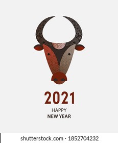 Chinese New Year 2021. Zodiac Ox. Happy New Year card, pattern, art, logo, poster with ox. Decorated with ornament Vector illustration. 