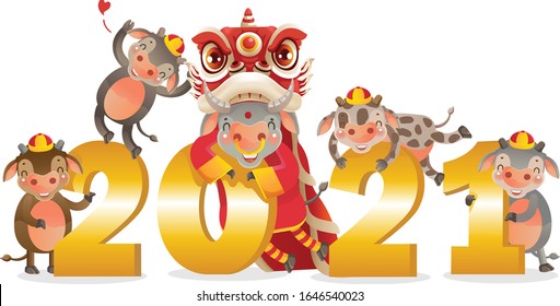 Chinese New Year 2021.Dancing lion head and numbers 2021 gold. Zodiac character chinese style. Year of the ox cow and calf holding numbers. Chinese new year greeting. Design for the new year cards. 