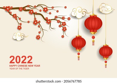 Chinese new year 2022 background with Sakura flower and lantern ornament