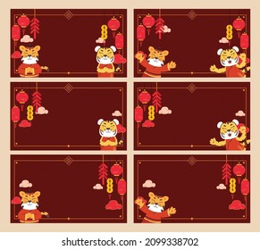 Plantilla de fondo china de Año Nuevo 2022 para tarjeta de saludo, afiche, banner del sitio web con ilustración de tigre, linterna, petardo, sello y elemento chino