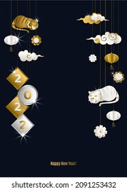 Chinese New Year 2022 banner with hanging golden and white tiger, clouds, lanterns, flowers on black background with asian patterns, in paper style, characters: Happy New Year. Vector illustration.
