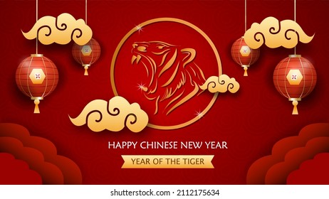 Chinese new year 2022 banner, gold tiger logo, asian pattern background. Eps10 Vector
