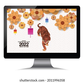Chinese new year 2022 with blossom on monitor. Year of the Tiger. Happy Chinese New Year, Year of the Tiger