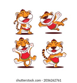 Chinese New Year 2022. Cartoon set of cute tiger wearing traditional costume with different poses. Vector mascot set