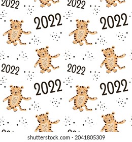 Chinese New Year 2022 concept. Seamless pattern with tigers and Happy New Year greetings. Vector illustration suitable for paper, fabric.