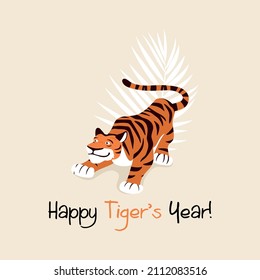 Chinese New Year 2022 Concept. Vector Hand Drawn Tiger. Noble Tigerin Flat or Cartoon Style. Happy New Year and Symbol of the Year of Tiger