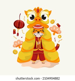 Chinese new year 2022 with cute tiger character design and lion dance costume