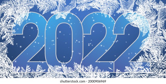 Chinese new year 2022 year. Frozen window background with hoarfrost patterns can be used for Christmas sale or New Year Party leaflet.