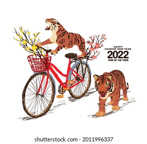 Chinese new year 2022. Hand drawn tintage bicycle with sakura blossom in rear basket. Year of the tiger. Happy Chinese New Year, Year of the Tiger