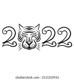 Chinese new year 2022 illustration, water tiger zodiac black and white vector illustration with outline style