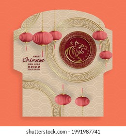 Chinese new year 2022 lucky red envelope (9 x 17 cm) money packet with gold paper cut art and craft style on red color background (Translation : happy chinese new year 2022, year of the Tiger)