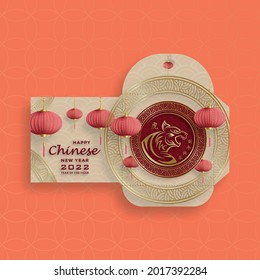 Chinese new year 2022 lucky red envelope (9 x 9 cm) money packet with gold paper cut art and craft style on red color background (Translation : happy chinese new year 2022, year of the Tiger)
