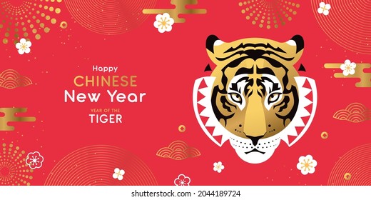 Chinese New Year 2022 modern design for greeting card, poster, website banner. Chinese Year of the Tiger. Zodiac Tiger symbol. 