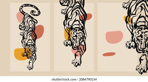 Chinese New Year 2022 modern art design Set for greeting card, poster, website banner with beautiful stately, noble tiger. symbol of the Year of Tiger