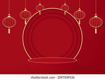 Chinese new year 2022. Red podium round stage podium and paper art Chinese new year, Chinese Festivals, Mid Autumn Festival , red paper cut ,Lamp and asian elements with craft style on background.