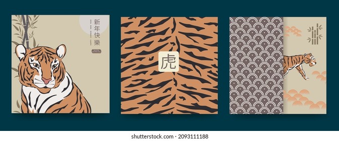 Chinese New Year 2022. Set for greeting card, poster, website banner with beautiful majestic noble tiger. The hieroglyphs mean Happy New Year and the symbol of the Year of the Tiger. Vector 